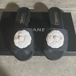 CHANEL Black and White Floral Mules